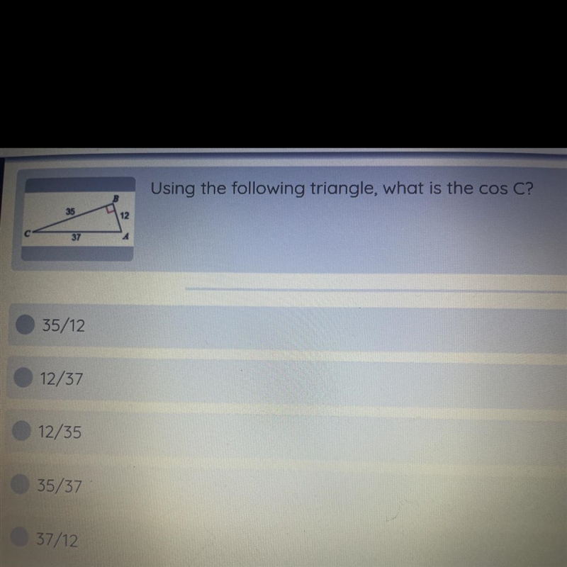 Using the following triangle what is the cos of c?-example-1