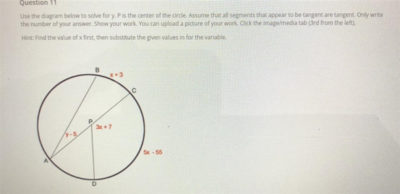 Use the diagram below to solve for Y. P is the center of the circle. Assume all segments-example-1