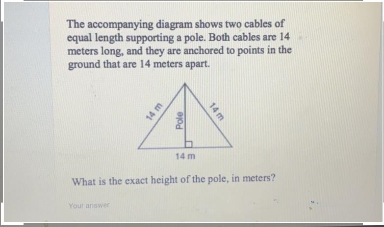 The accompanying diagram shows two cables ofequal length supporting a pole. Both cables-example-1