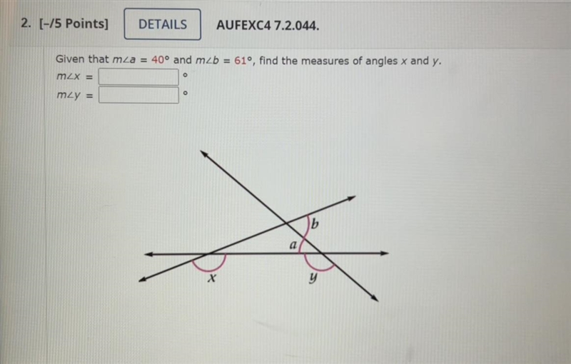 Find the measures of x and y-example-1