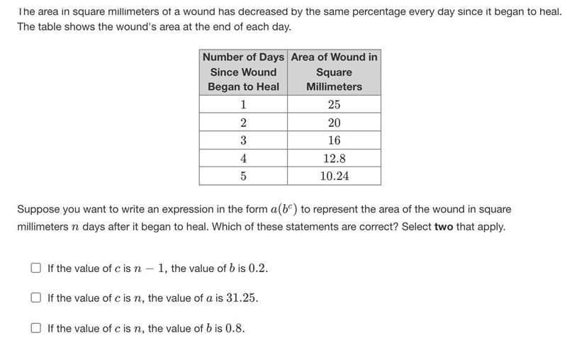 The area in square millimeters of a wound has decreased by the same percentage every-example-1