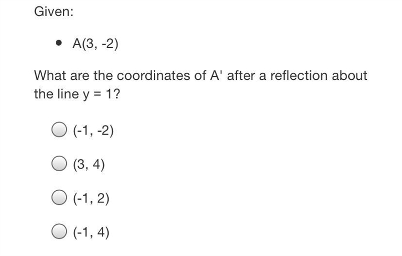 Given:• A(3,-2)What are the coordinates of A' after a reflection about the line y-example-1