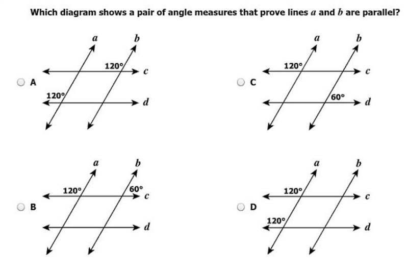 Which diagram shows a pair of angle measures that prove lines a and b are parallel-example-1