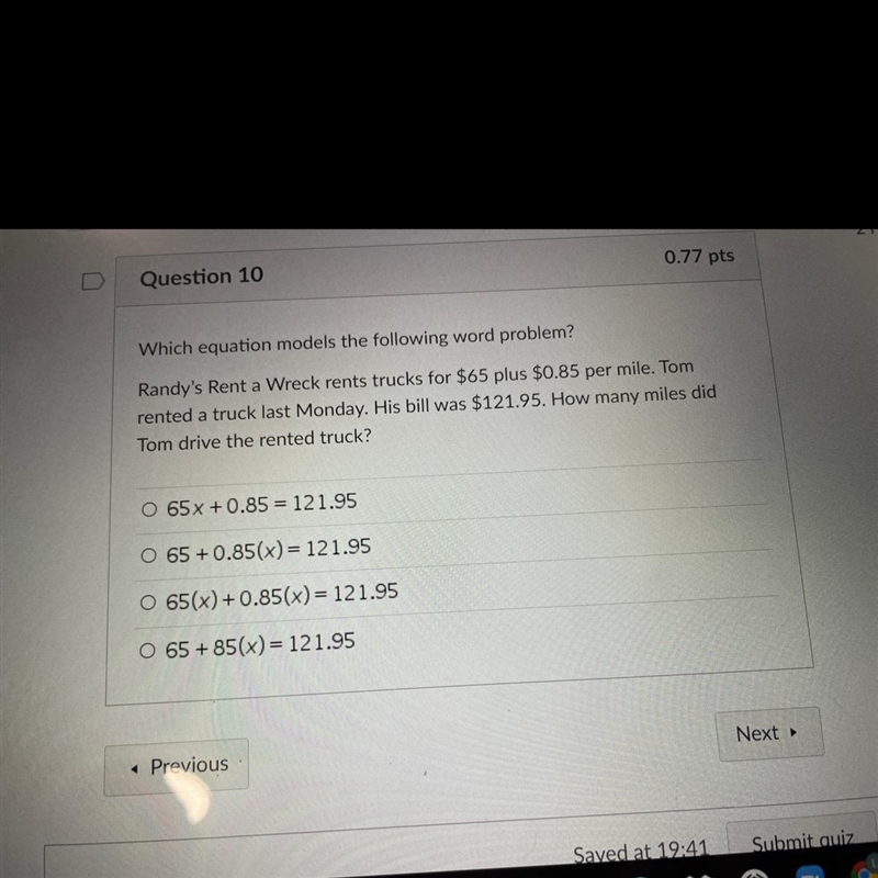 Which equation models the following word problem?Randy's Rent a Wreck rents trucks-example-1