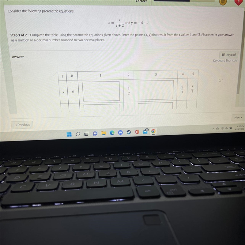 Consider the following parametric equations:re1+2and y = -4-1Step 1 of 2: Complete-example-1