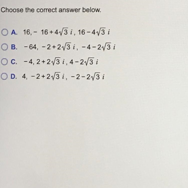 Find the real or imaginary solutions of the following equation by factoring. x^3-64=0Choose-example-1