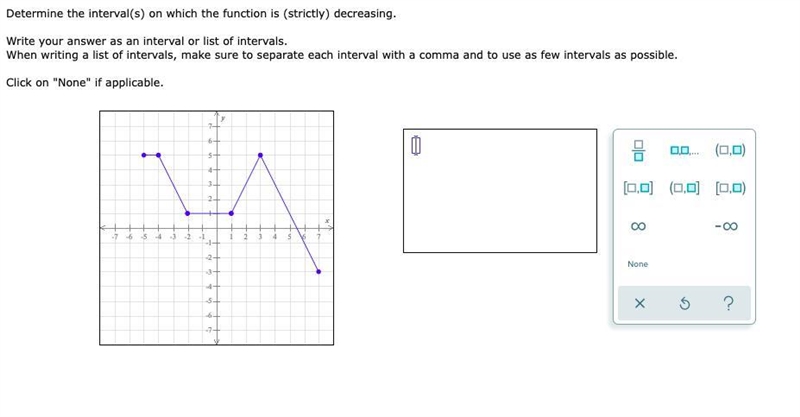 Determine the interval(s) on which the function is (strictly) decreasing.-example-1