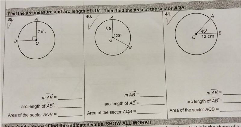 NO LINKS!!! Find the arc measure and arc length of AB. Then find the area of the sector-example-1