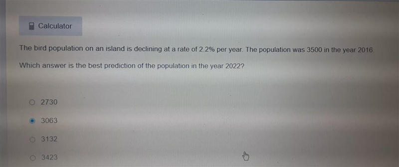 The bird population on an island is declining at a rate of 2.2% per year. The population-example-1