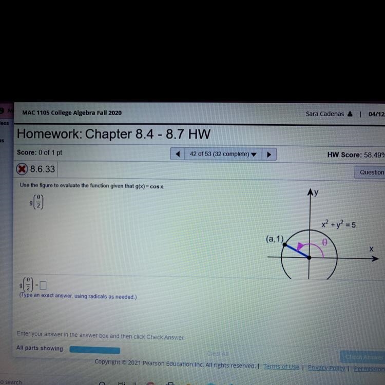 Use the figure to evaluate the function given that g(x)=cos xg(theta/2)=-example-1