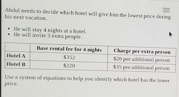 Which hotel has the lower price? How much money will Abdul save by choosing the hotel-example-1