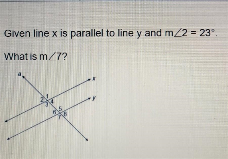 Given line x is parallel to line y and m/2 = 23⁰. What is m/7? ​-example-1