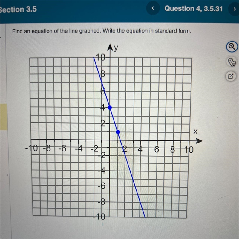 HELP PLEASE Find an equation of the line graphed. Write the equation in standard form-example-1