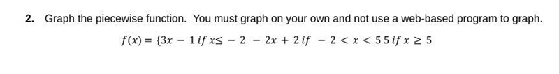 Graph the piecewise function. fx={3x-1 if x≤-2 -2x+2 if -2-example-2