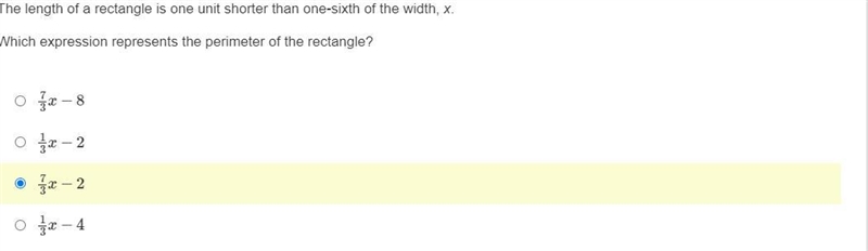 The length of a rectangle is one unit shorter than one-sixth of the width, x.Which-example-1