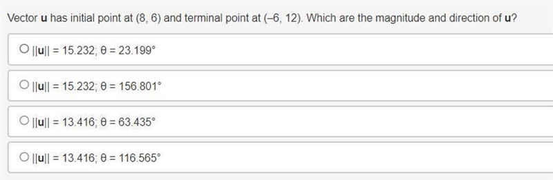 Vector u has initial point at (8, 6) and terminal point at (–6, 12). Which are the-example-1