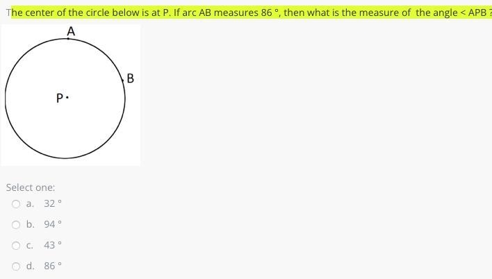 he center of the circle below is at P. If arc AB measures 86 °, then what is the measure-example-1