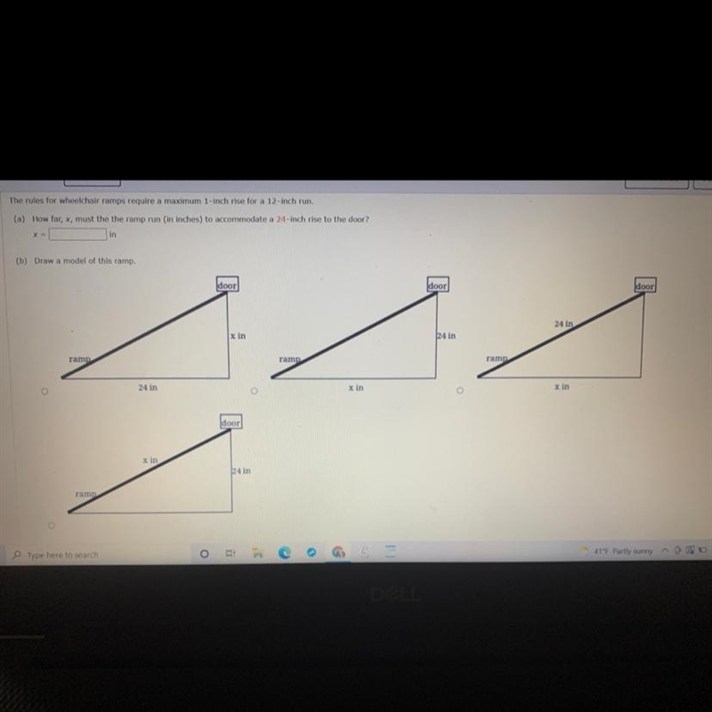 How far, x, must the the ramp run ( in inches) to accommodate a 24- inch rise to the-example-1