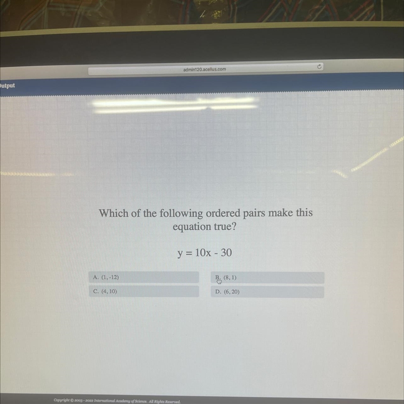 Which of the following ordered pairs make this equation true? y = 10x - 30 A. (1, -12) og-example-1