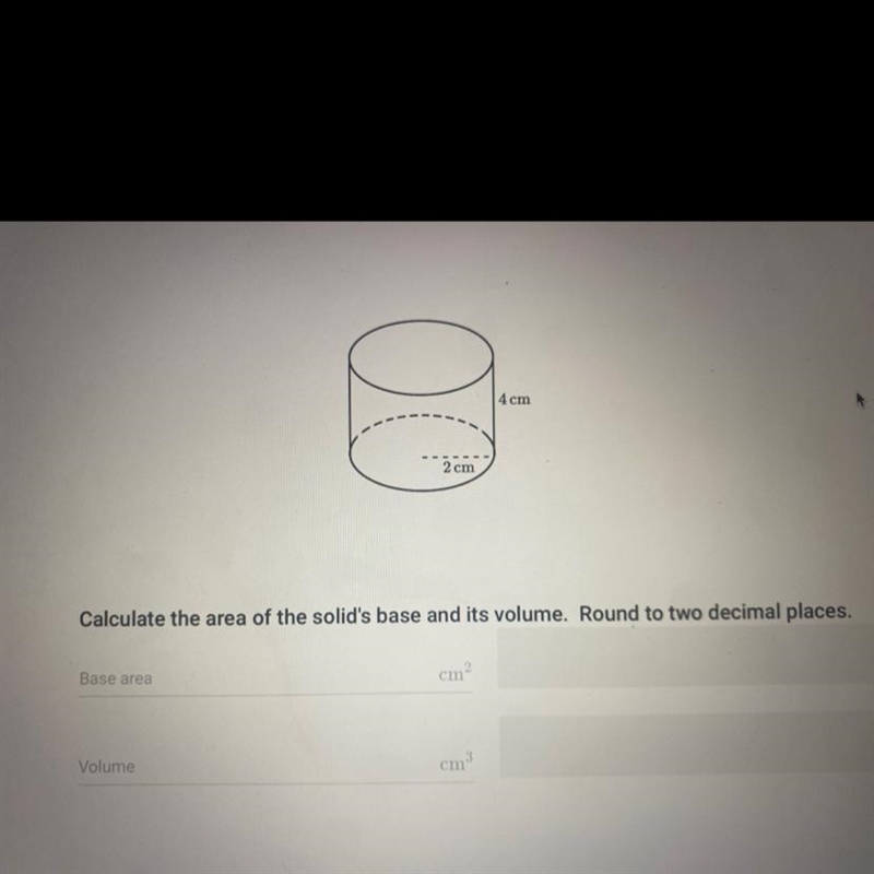 Calculate the area of the solid’s base and its volume. Round to two decimal places-example-1