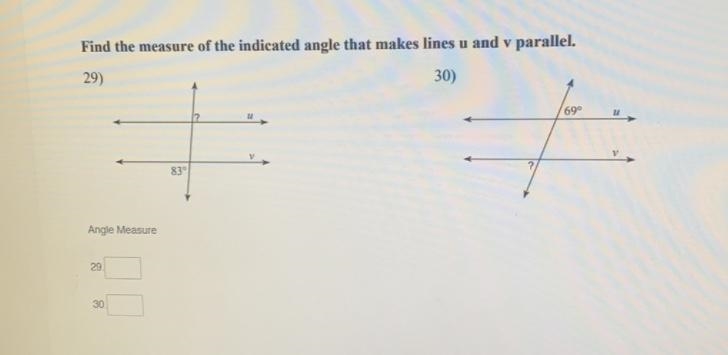 PCFind the measure of the indicated angle that makes lines u and v parallel.29)30)690V-example-1