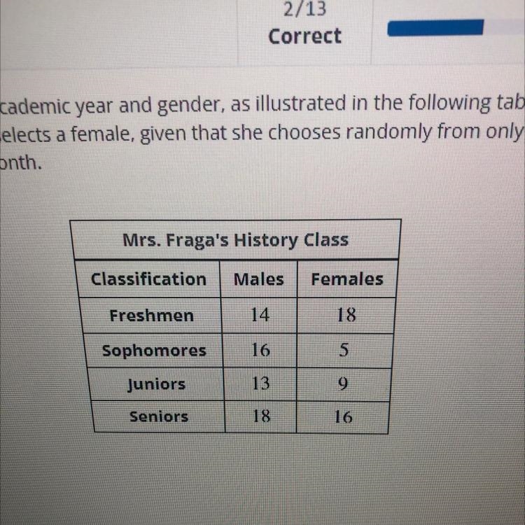 Mrs. Fraga's history class has 109 students. classified by academic year and gender-example-1