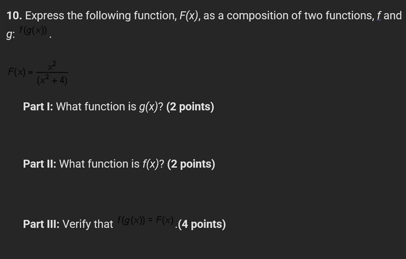 Express the following function, F(x), as a composition of two functions, f and g:-example-1