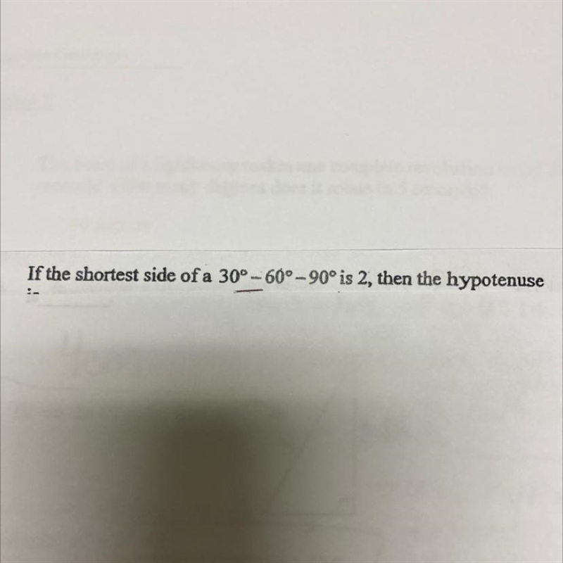 If the shortest sides of a 30° -6° -90° is too then the hypothenuse is-example-1