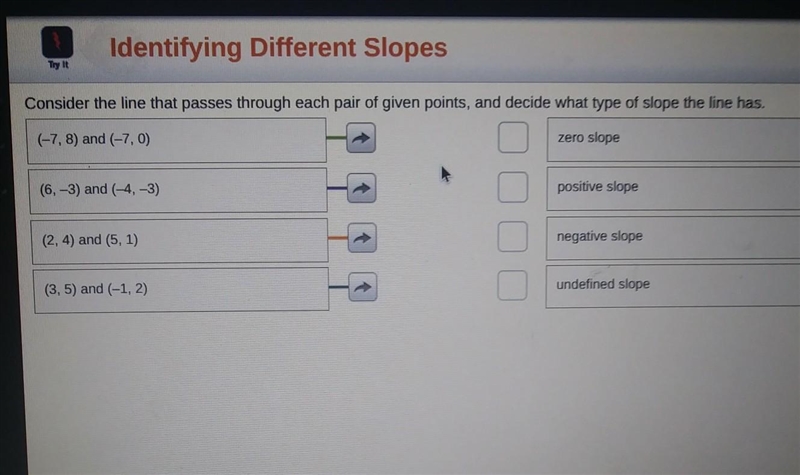 Consider the line that passes through each pair of given points, and decide what type-example-1