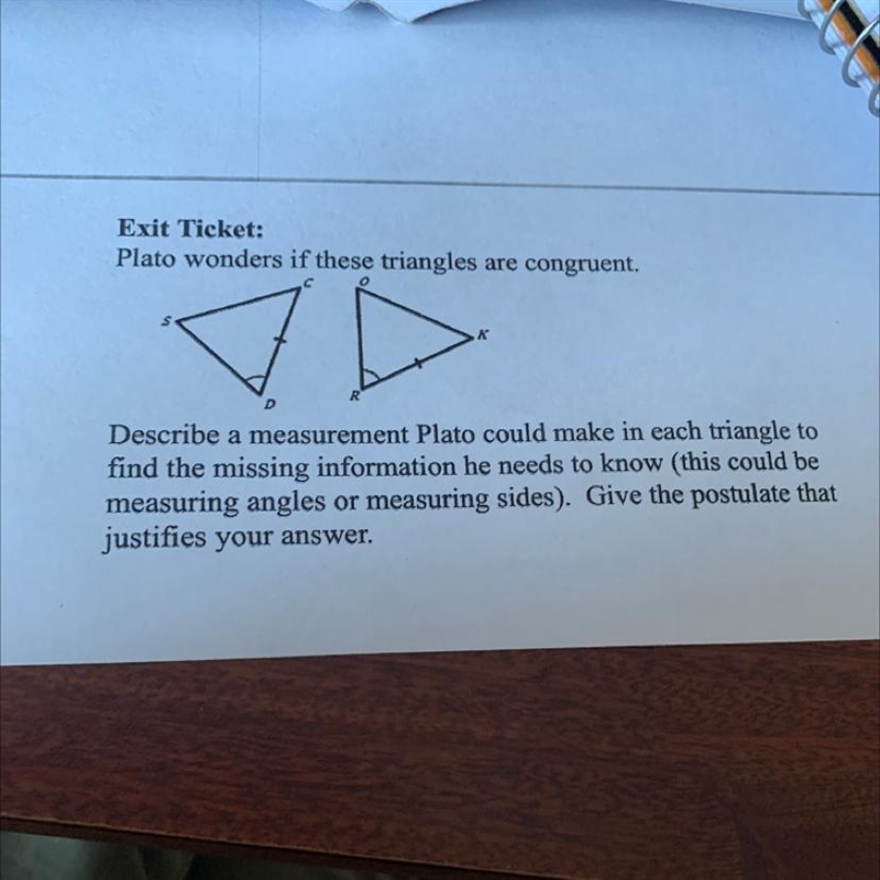 Plato wonders of these triangles are congruent. describe a measurement plato could-example-1