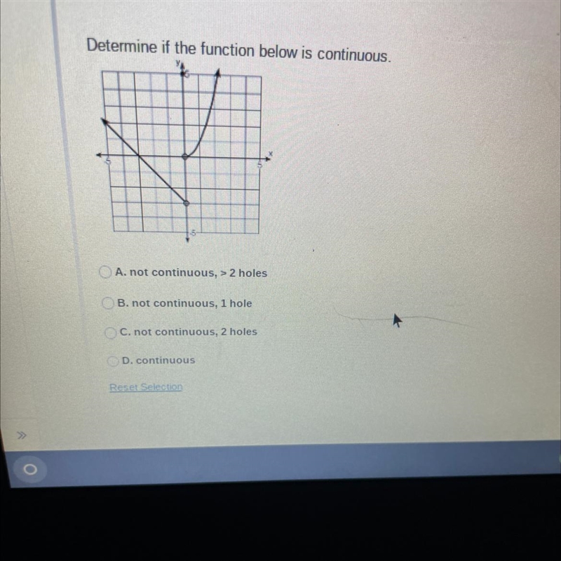 Determine if the function below is continuous.A. not continuous, >2 holesOB. not-example-1