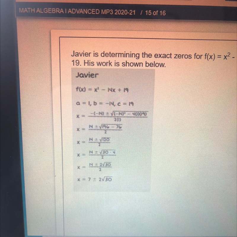 Part A : Identify the error Javier made whendetermining the zeros.Part B : Determine-example-1