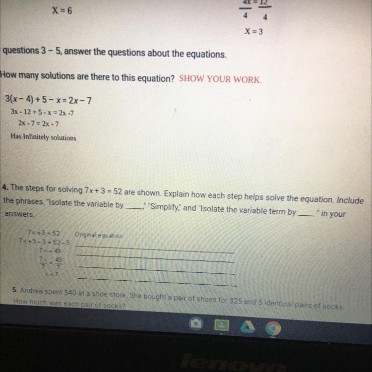 4. The steps for solving 7x+ 3 = 52 are shown. Explain how each step helps solve the-example-1