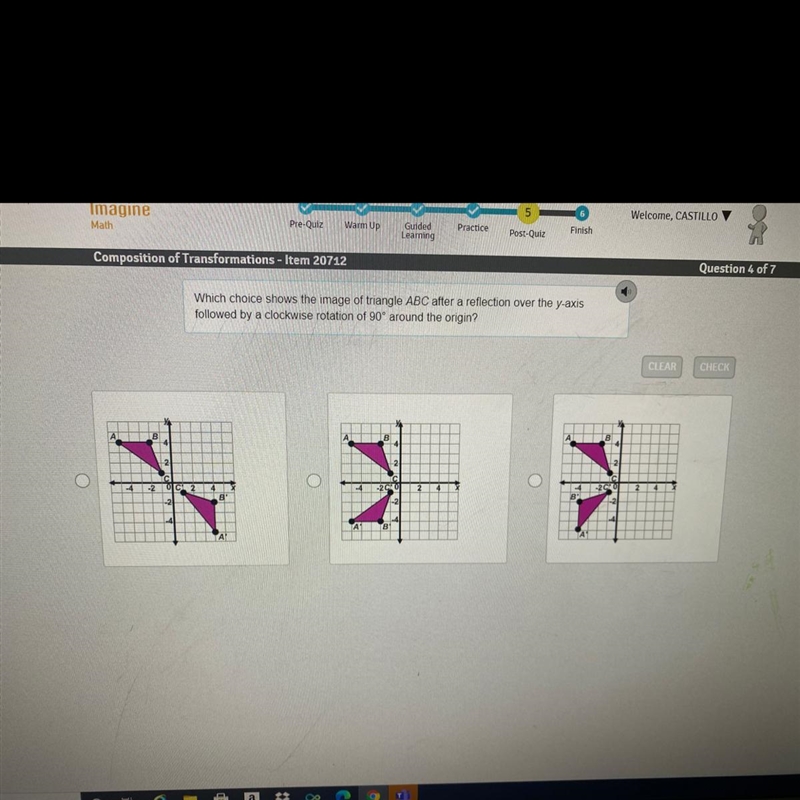 Which choice shows the image of triangle ABC after a reflection over the y-axis followed-example-1