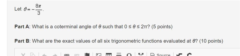 et theta equals negative 8 times pi over 3 period Part A: What is a coterminal angle-example-1