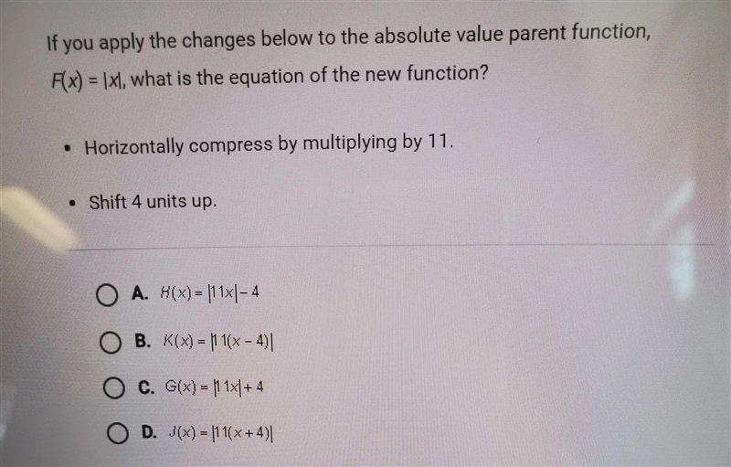 if you apply the changes below to the absolute value parent function, F(x)=|x|, what-example-1