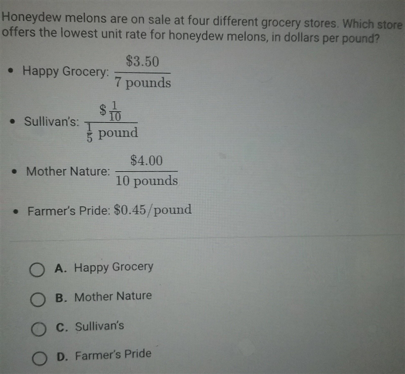 honeydew melons are on sale at four different grocery stores. which store offers the-example-1