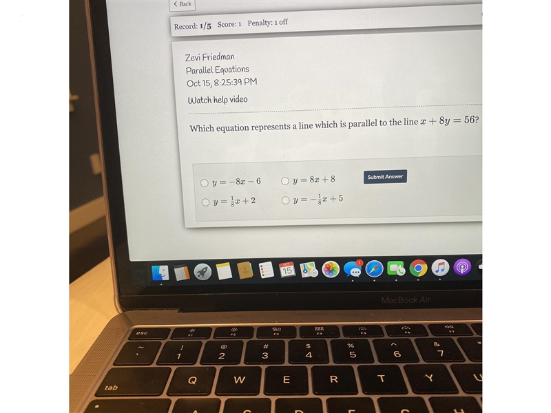 Which equation represents a line which is parallel to the line x + 8y = 56?-example-1