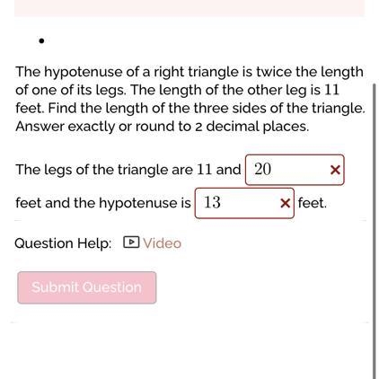 The hypotenuse of a right triangle is twice the length of one of its legs. The length-example-1