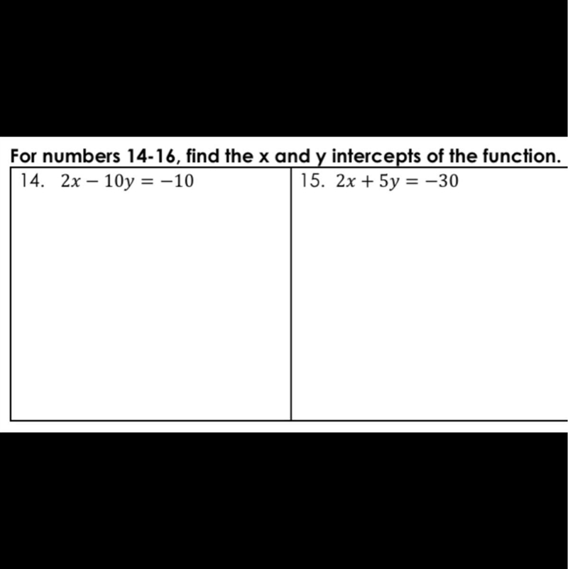 For numbers 14-16, find the x and y intercepts of the function.14. 2x - 10y = -1015. 2x-example-1