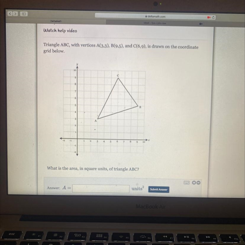 Triangle ABC, with vertices A(3,3), B(9,5), and C(6,9), is drawn on the coordinategrid-example-1