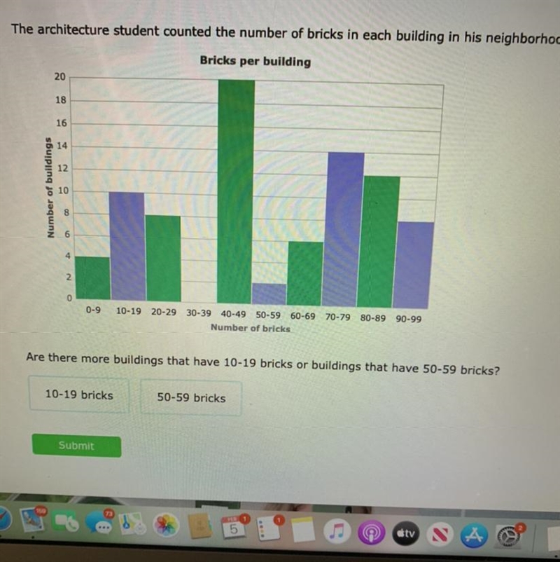 Are there more buildings that have 10-19 bricks or buildings that have 50-59 bricks-example-1