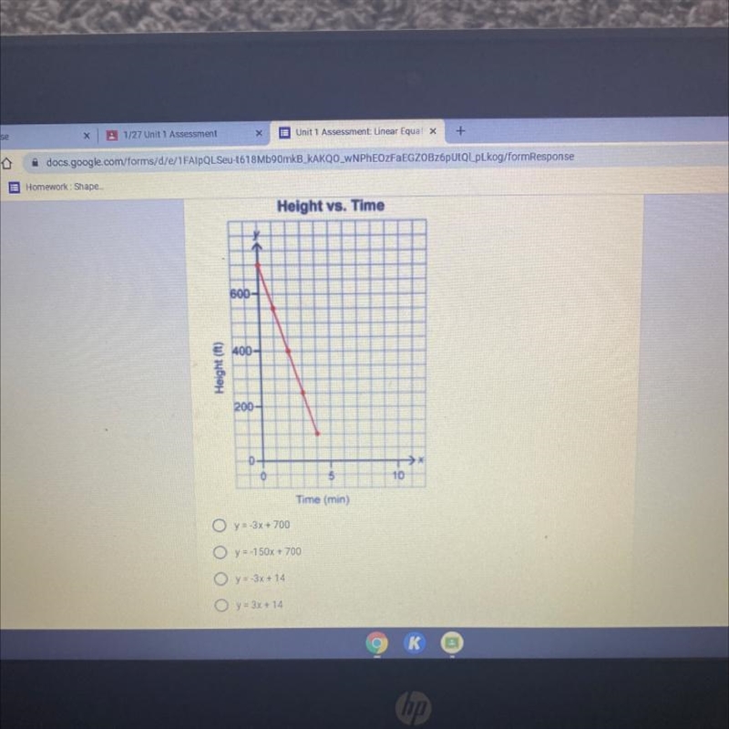 The graph below shows Felix’s height in feet as he hikes down a hill. Write an equation-example-1