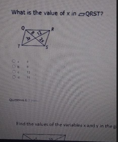 What is the value of x in QRST? R 3x 2x T S 4 8 12 Od 16-example-1