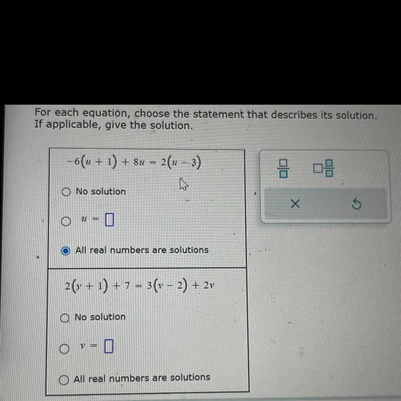 For each equation chose the statement that describes its solution-example-1