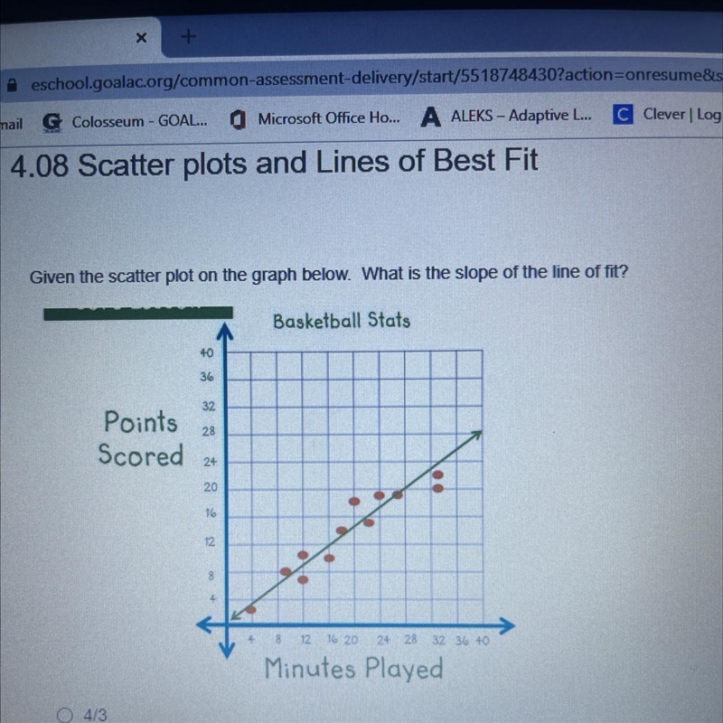 Given the scatter plot on the graph below. What is the slope of the line of fit-example-1