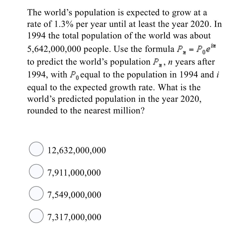 The world’s population is expected to grow at a rate of 1.3% per year until at least-example-1