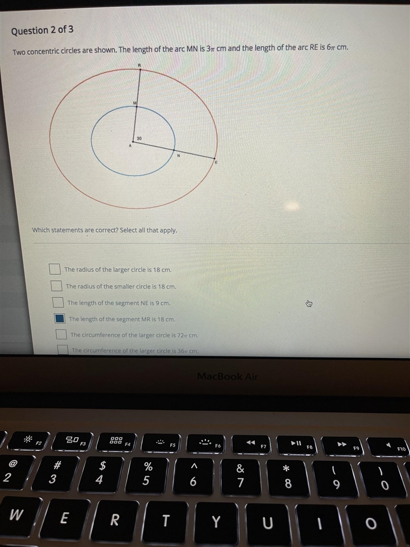 Two concentric circles are shown. The length of the arc MN is 37 cm and the length-example-1