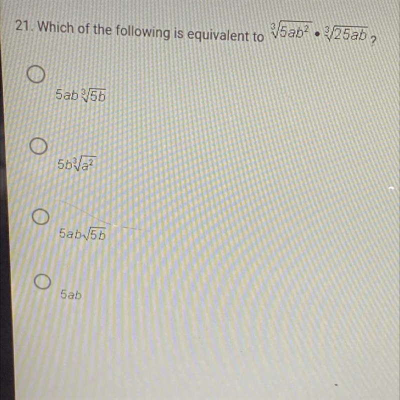 Which of the following is equivalent to ^3sqrt(5ab^2) * ^3sqrt(25ab)-example-1