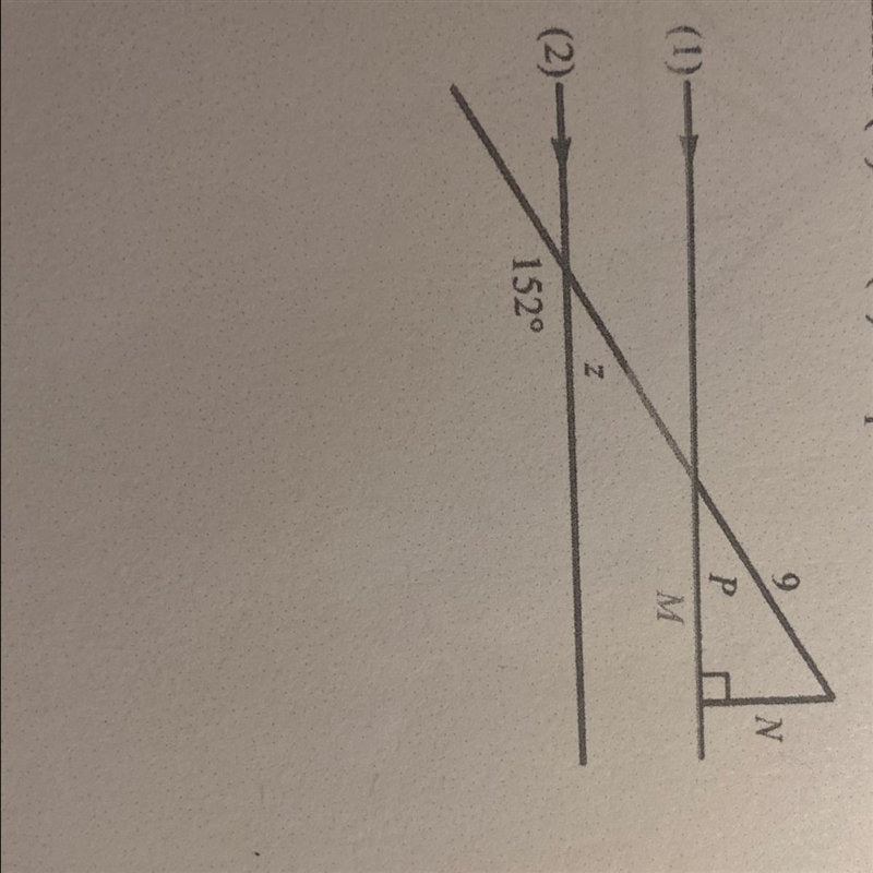 Lines (1) and (2) are parallel. Find sides M and N. Round your answer to the nearest-example-1